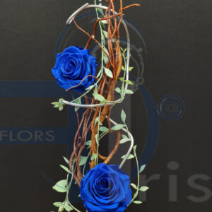 Armonía Azul Eterna: Dos Rosas Preservadas sobre Cristal y Madera Natural
