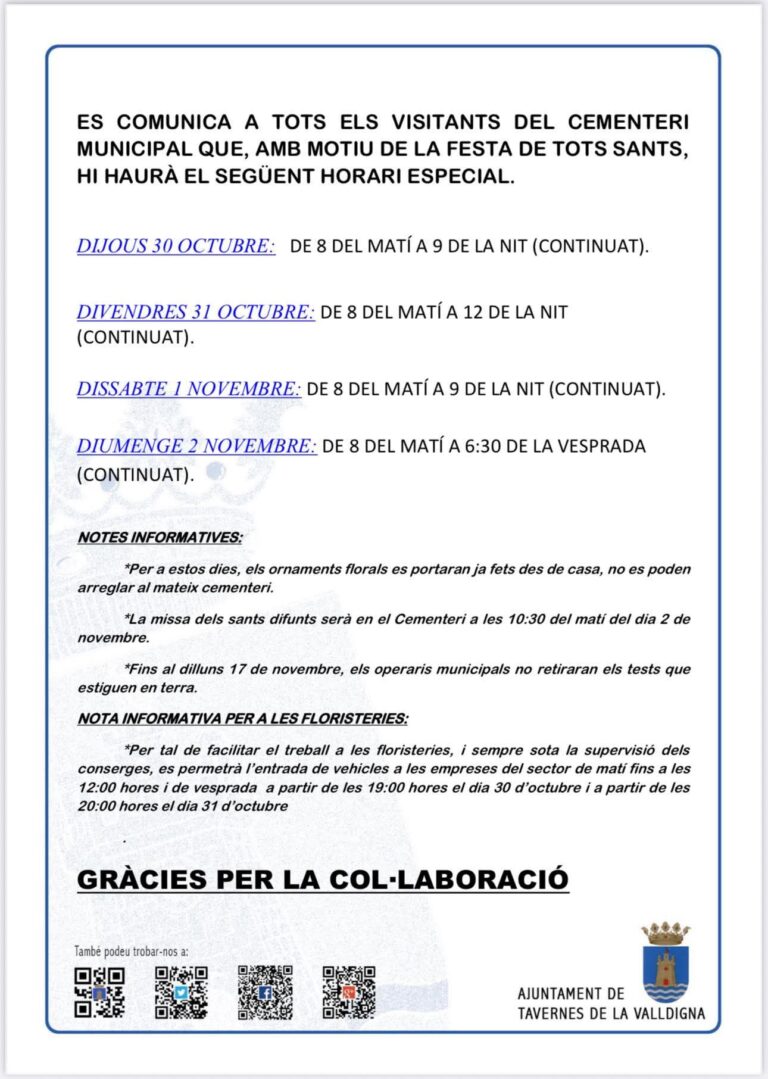 Horario cementerio para el dia de Todos los santos 2025